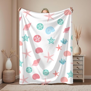 Seashell Coastal-deken — Roze groenblauw zeester fluweel, oceaanliefhebber decorcadeau