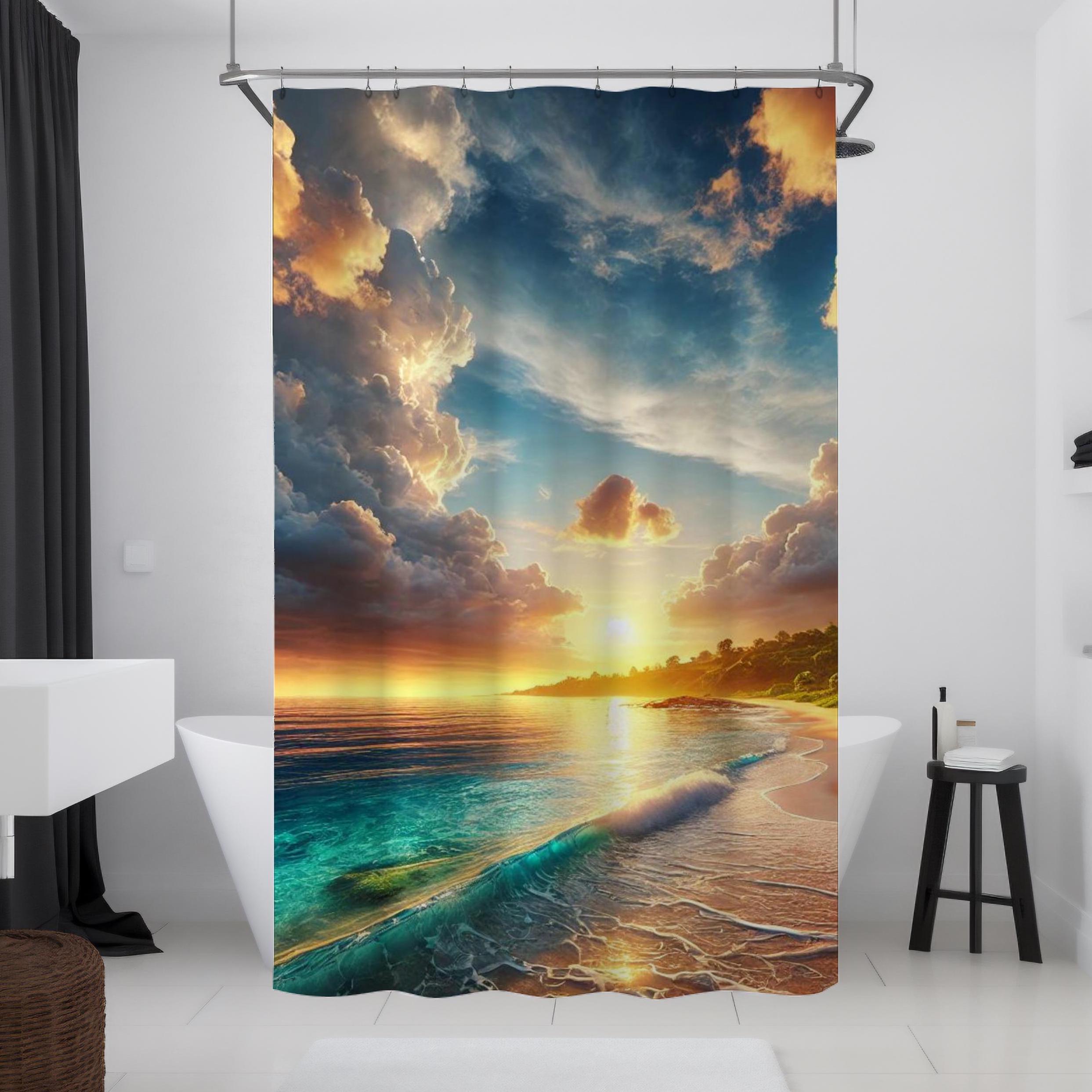 Outdoor Garden Shower Curtain, Summer Beach Palm Tree Ocean Seascape Through White Wooden Windows Tropical Island Blue Green Bath Curtain, Waterproof Bathroom Decor With Hooks, 180X180cm/ 71X71 In - View #7