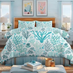 Coral Reef Bedding Set Coastal Decor Collection Beach House Bedding Design Ocean Theme Room Makeover Master Bedroom Summer Duvet Set Beach