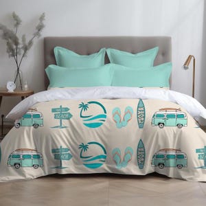 Coastal Duvet Cover Beach Themed Bedding Surf Van Flip Flop Print Tropical Comforter Cover Summer Bedroom Decor