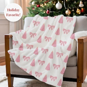 Pink Christmas Tree Blanket Holiday Throw Pink Bow Christmas Decor Cozy Plush Christmas Blanket Festive Holiday Gift Pink Xmas Throw Blanket