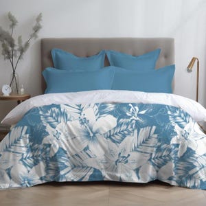 Tropical Floral Duvet Cover Blue and White Hibiscus Bedding Coastal Palm Leaf Comforter Cover Hawaiian Beach House Bedroom Decor Microfiber