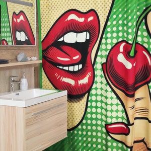 Pop Art Shower Curtain of Strong Woman Cherry - Retro Style, Durable Polyester