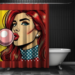 Pop Art Shower Curtain of Strong Woman Bubblegum Betty - Retro Style, Durable Polyester