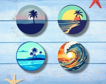 May include: Four round coasters with beach-themed designs. Each coaster features a different coastal scene: a sunset with a palm tree, a beach with waves, a tropical island, and a crashing wave with a sunset. A red starfish and a white starfish are also present.