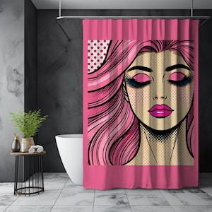 Pop Art Shower Curtain Aesthetic Bathroom Decor Bold Pink Retro Girl Art Shower Curtain Funky Bathroom Curtain Stylish Bath Decor Gift