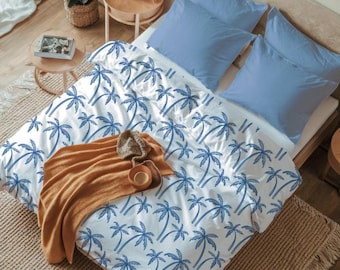 Parure de lit palmier — housse de couette côtière bleue, décoration de chambre à coucher maison de plage tropicale