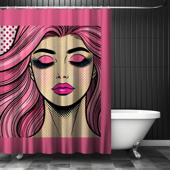 レトロポップアートのシャワーカーテン：ピンク髪の女の子、華やかな