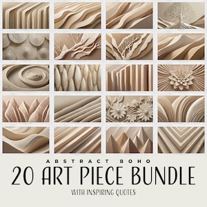 May include: A set of 20 digital art prints featuring abstract boho designs in beige and brown tones. The prints feature various geometric shapes, patterns, and textures, including swirls, waves, leaves, and flowers. The text "ABSTRACT BOHO 20 ART PIECE BUNDLE WITH INSPIRING QUOTES" is displayed at the bottom of the image.
