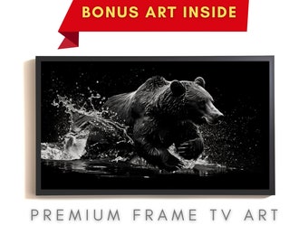 Frame TV Art, Bear Running Through Water, Black and White, Digital Download, Sophisticated Design, Modern, Moody, Minimalist