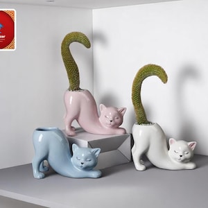 Cute Cat Flowerpot | Porcelain Succulent Planter | Cartoon Animal Vase | Home Decoration Accessory | Small Indoor Plant Pot