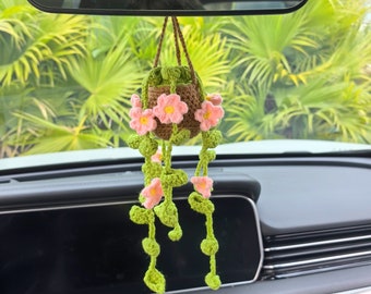 Crochet Plant Hanger,Potted with five petals,Crochet Plant Car Hanging, Car Mirror Hanging Interior Rear View-mothers day gift-Gifts for Mom