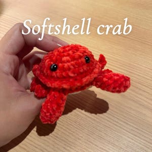 Könnte beinhalten: Ein handgefertigter, roter Plüsch-Softshell-Krabbe mit schwarzen Augen und detaillierten Scheren. Die Krabbe besteht aus einem weichen, strukturierten Material. Der Text "Softshell crab" steht in weißer Schreibschrift über der Krabbe.