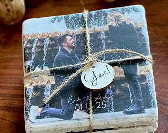 Personalized Photo Stone Coaster Set, Custom Engagement Gift