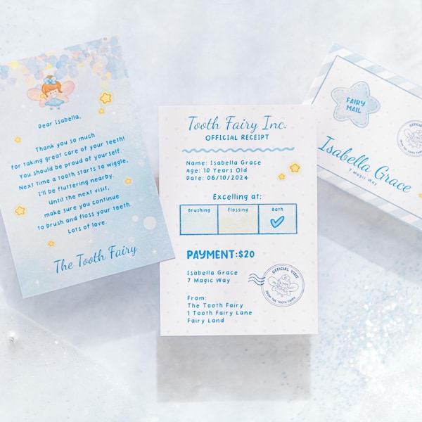 Printable Mini Tooth Fairy Set Blue with envelope, Receipt And Fairy Letter, Instant Download And Fully Editable Tooth Fairy Set
