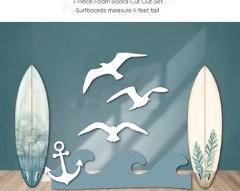 Surfboard First Birthday Party Props, Beach Theme Foam Board Cutouts (7 Piece Set)