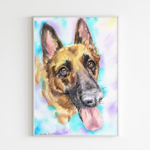 German Shepherd Watercolor Print: Signed Dog Portrait Art