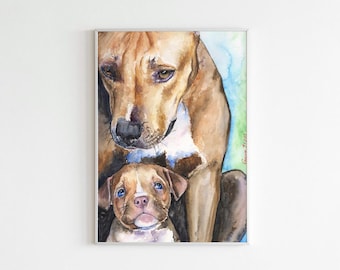 Pitbull Mom and Puppy Watercolor Print: Staffordshire Terrier Art