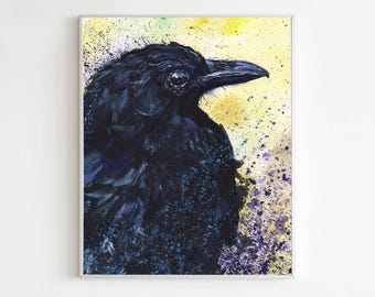 Aquarel raafprint: gotische zwarte vogel muurkunst