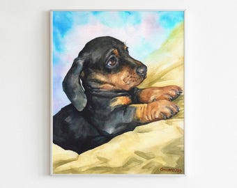 Dachshund Puppy Watercolor Print: Black Doxie Dog Art