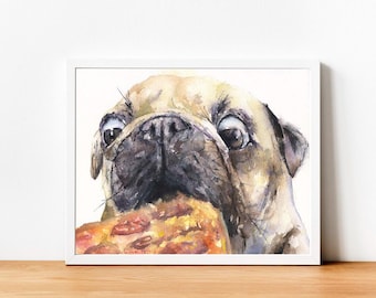 Pug and pizza print, Pug print, Pug gifts, Pug decor, Pug watercolor, Pug art, Pug painting, Pug puppy, pug and food, dog and pizza, dog eat