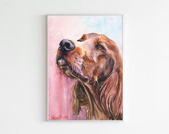 Irish Setter Watercolor Print: Dog Portrait Art