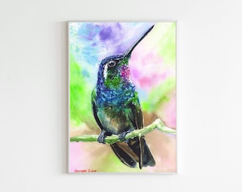 Watercolor Hummingbird Print: Colorful Bird Wall Art