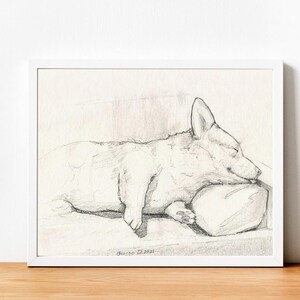 Sogni felici, stampa a matita di un Corgi, regali per Corgi, decorazioni per Corgi, acquerello per Corgi, arte per Corgi, Pembroke Welsh Corgi, dipinto di Welsh Corgi