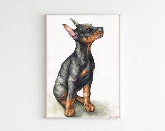 Impresión de acuarela de cachorro de dóberman: arte de dóberman pinscher negro