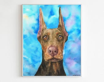 Impresión en acuarela de dóberman: retrato de perro rojo y marrón