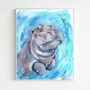 Watercolor Hippo Print: Happy Hippopotamus Baby Decor