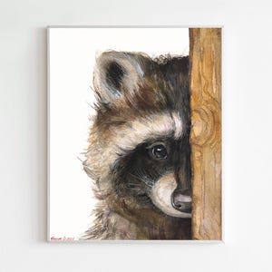 Watercolor Raccoon Print: Peek-a-Boo Woodland Animal Art