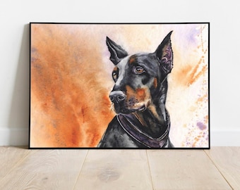 Impresión de acuarela de Doberman Pinscher: retrato de perro firmado