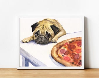 Pug and pizza print, Pug print, Pug gifts, Pug decor, Pug watercolor, Pug art, Pug painting, Pug puppy, pug and food, dog and pizza, dog eat