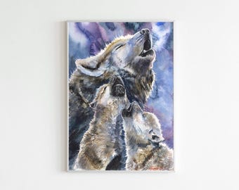 Impresión de familia de lobos en acuarela: arte mural de animales del bosque
