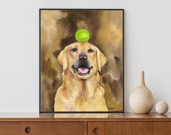 Golden Labrador with tennis ball, Labrador retriever print, Retriever gifts, Retriever decor, Yellow lab painting watercolor, Dog and ball