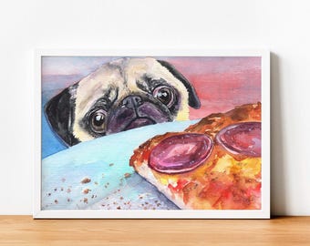 Pug and pizza print, Pug print, Pug gifts, Pug decor, Pug watercolor, Pug art, Pug painting, Pug puppy, pug and food, dog and pizza, dog eat