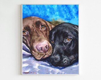 Two friends Labradors print, Brown lab print, Retriever decor, Labrador Retriever watercolor, Brown and black labrador, Black Lab print