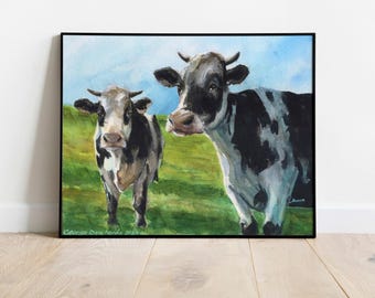 Watercolor Cow Print: Smiling Cows in Field, Farmhouse Wall Art
