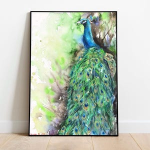 Impression de paon, impression de paon aquarelle, peinture de paon, art mural d'oiseau coloré, décoration d'affiche de paon, art de plumes de paon, impression de paon