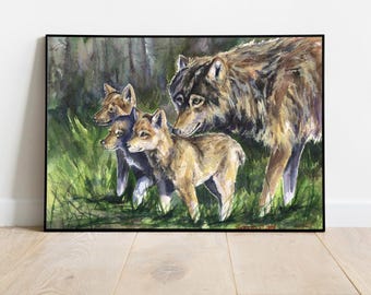Impresión de acuarela de una familia de lobos: arte mural de animales del bosque