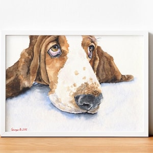 バセットハウンドの水彩画：ペットのメモリアルウォールアート