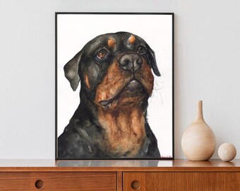 Rottweiler Aquarell Druck: Signierte Hunde Portraitkunst