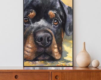 Rottweiler Aquarell Druck: Signierte Hunde Portraitkunst
