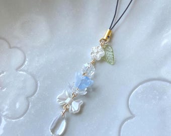 Lily of the Valley Blue Phone Charm, Dainty Elegant Pearl Gold Bell Flower, Simple Cute Bead Lotus Phone Strap, Y2K Keychain Aesthetic