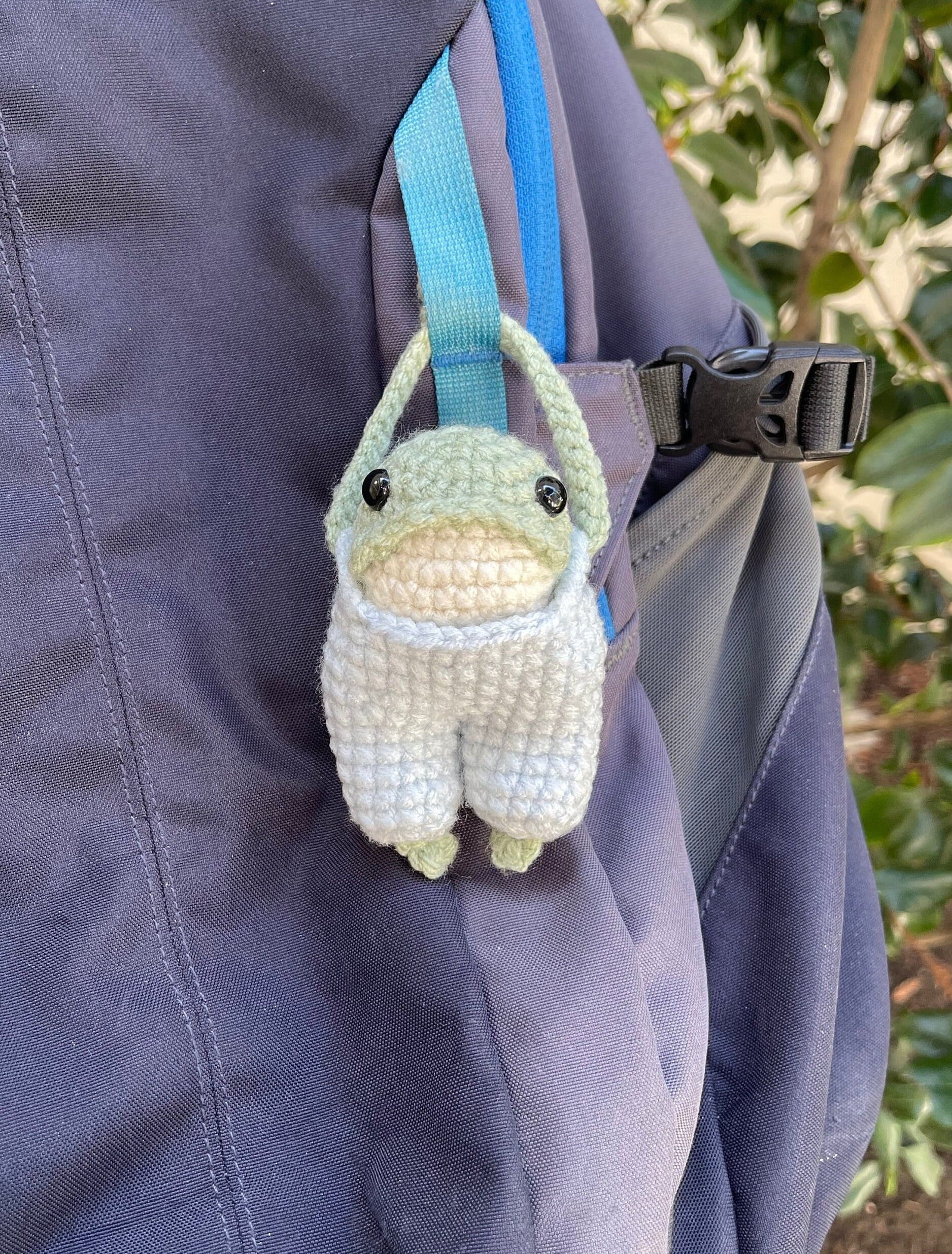 Crochet Frog Bag Charm Friend, Frog Wearing Overalls Plushie Keychain - Personalized Custom Made to Order, Leggy Froggy Backpack Buddy