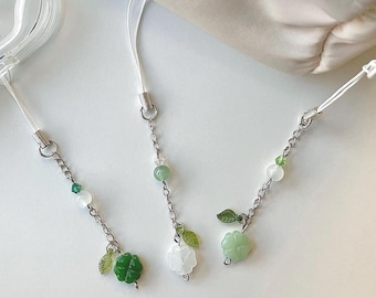 Clover Phone Charm, Dainty Phone Charm, Beaded Phone Strap, Anime Phone Charm, Phone Charm Green, Y2K Keychain, Cute Flower Keychain