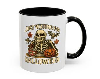 Caneca de café com detalhes de Halloween - Design de esqueleto assustador, decoração de outono, presente de Halloween, caneca sazonal, xícara de café "doces ou travessuras"