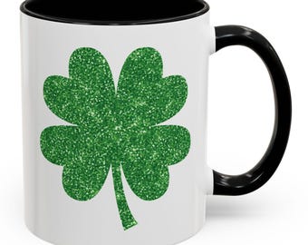 Lucky Clover Accent Coffee Mug - St. Patrick's Day Gift, Green Glitter Shamrock Mug, Ceramic Coffee Cup, Holiday Drinkware, Irish