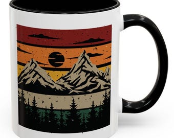 Mountain Sunrise Accent Coffee Mug, Colorful Landscape Mug, Nature Lover Gift, Outdoor Adventure Coffee Cup, Unique Hiking Mug, Rustic